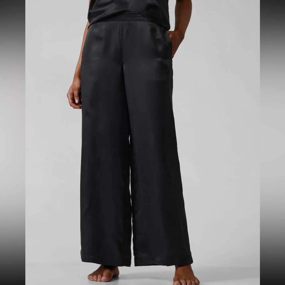 Athleta Calm Cool Black Wide-Leg Satin Pants